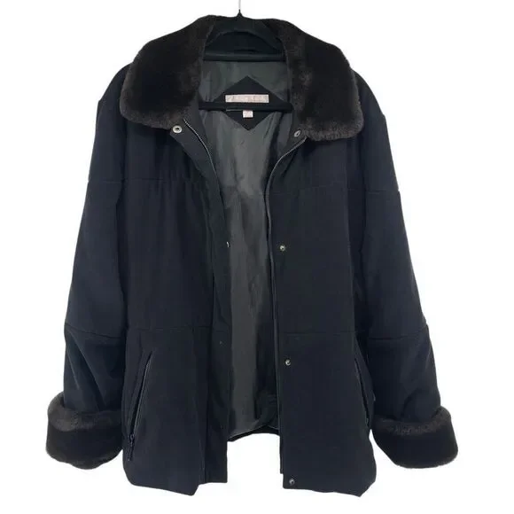 Jones New York Black Modacrylic Velvety Winter Coat XL Faux Fur Trim Full Zip - Picture 16 of 16